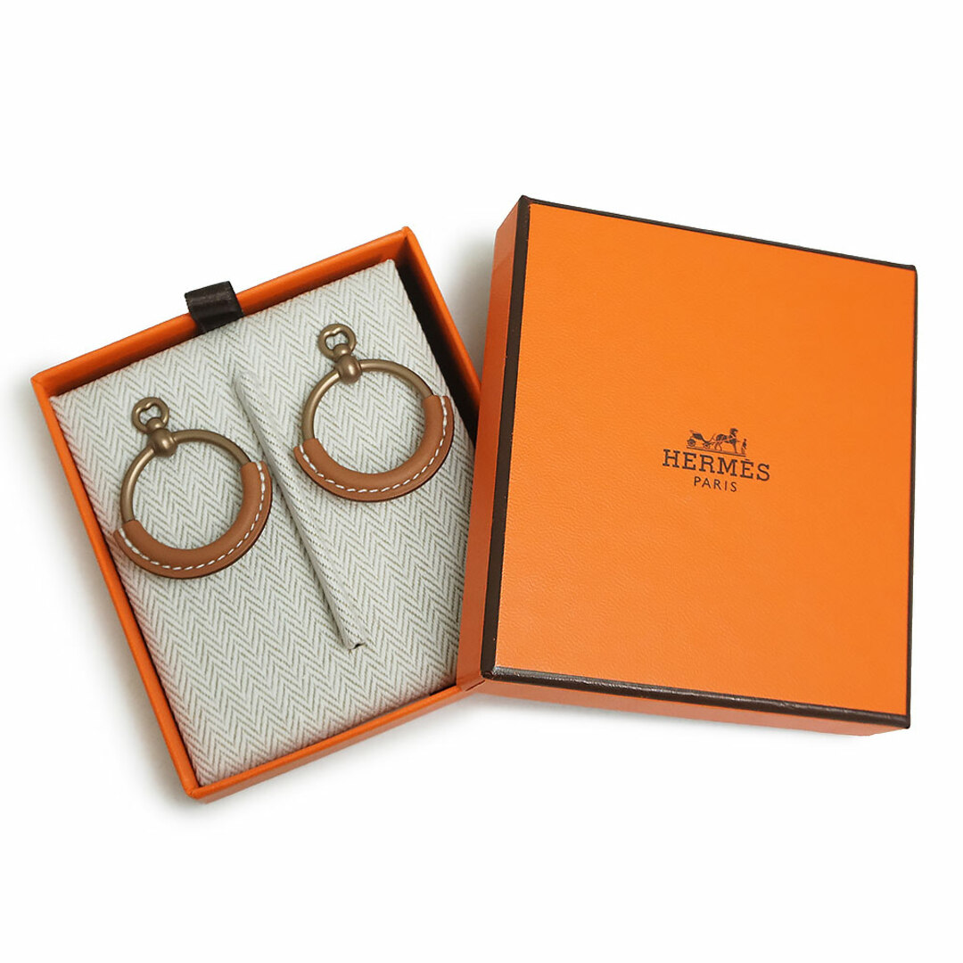 エルメス HERMES ループ PM ピアス ヴォースイフト レザー アルミニウム ゴールド ブラウン 茶 箱付 HERMES（新品・未使用品）