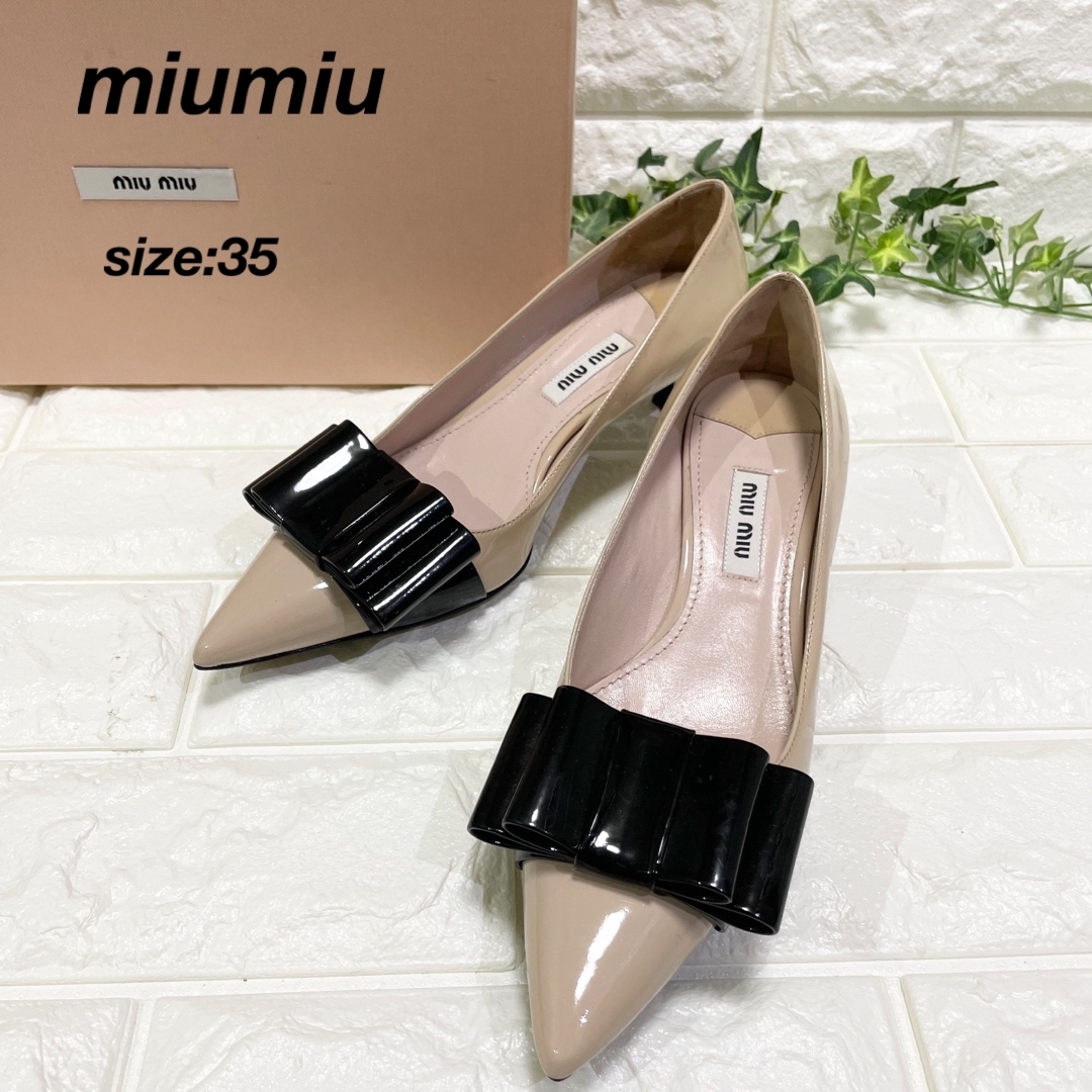 ほぼ新品　MIUMIU　リボンパンプス　秋色♪カーキ×ブラック　35