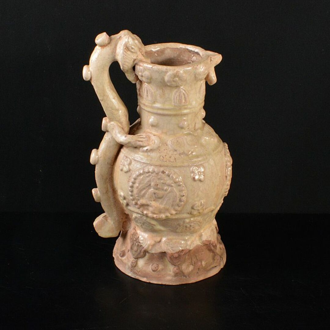 中国　耀州窯青磁　神獣持手瓶　花瓶　N　R5897