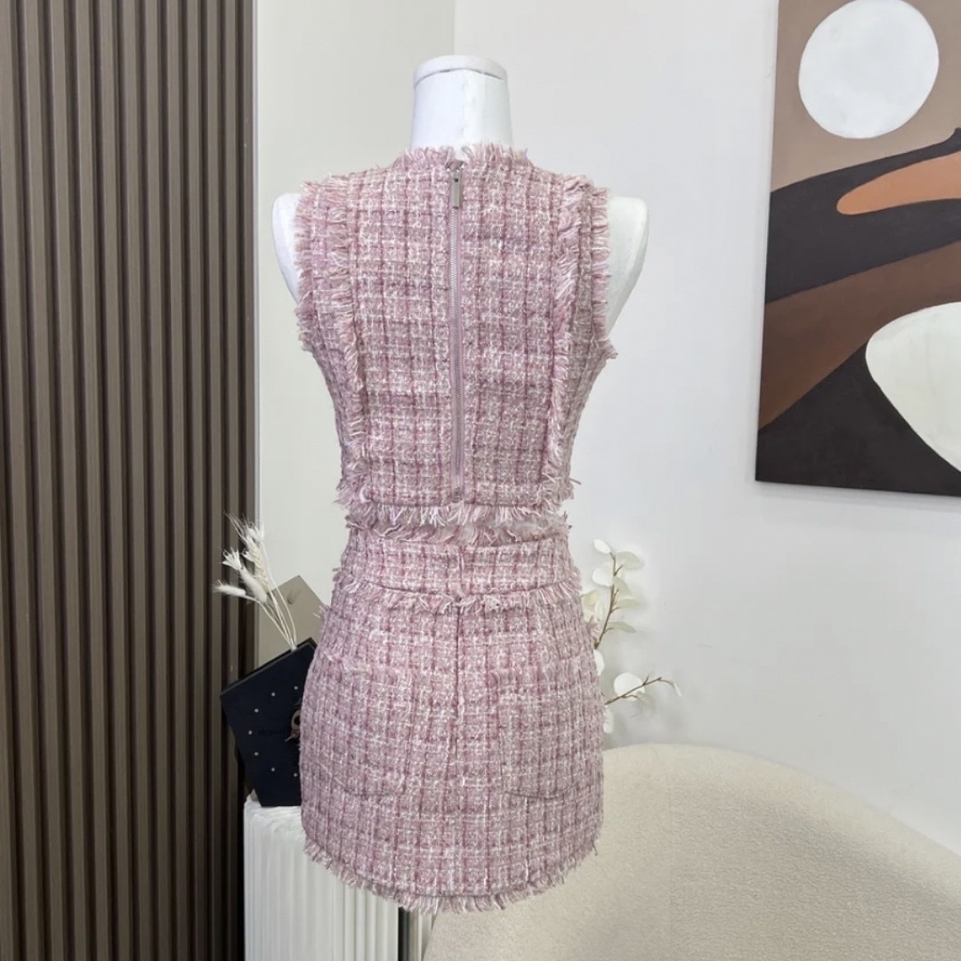 2ピース セットアップ ツイード ワンピース ピンク S 韓国 ドレス レディースのワンピース(その他)の商品写真