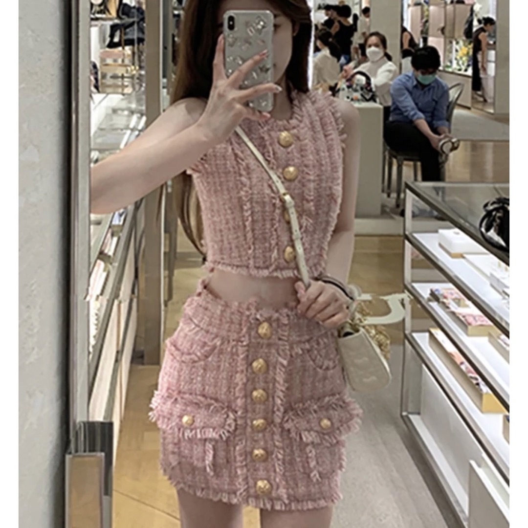 2ピース セットアップ ツイード ワンピース ピンク S 韓国 ドレス レディースのワンピース(その他)の商品写真