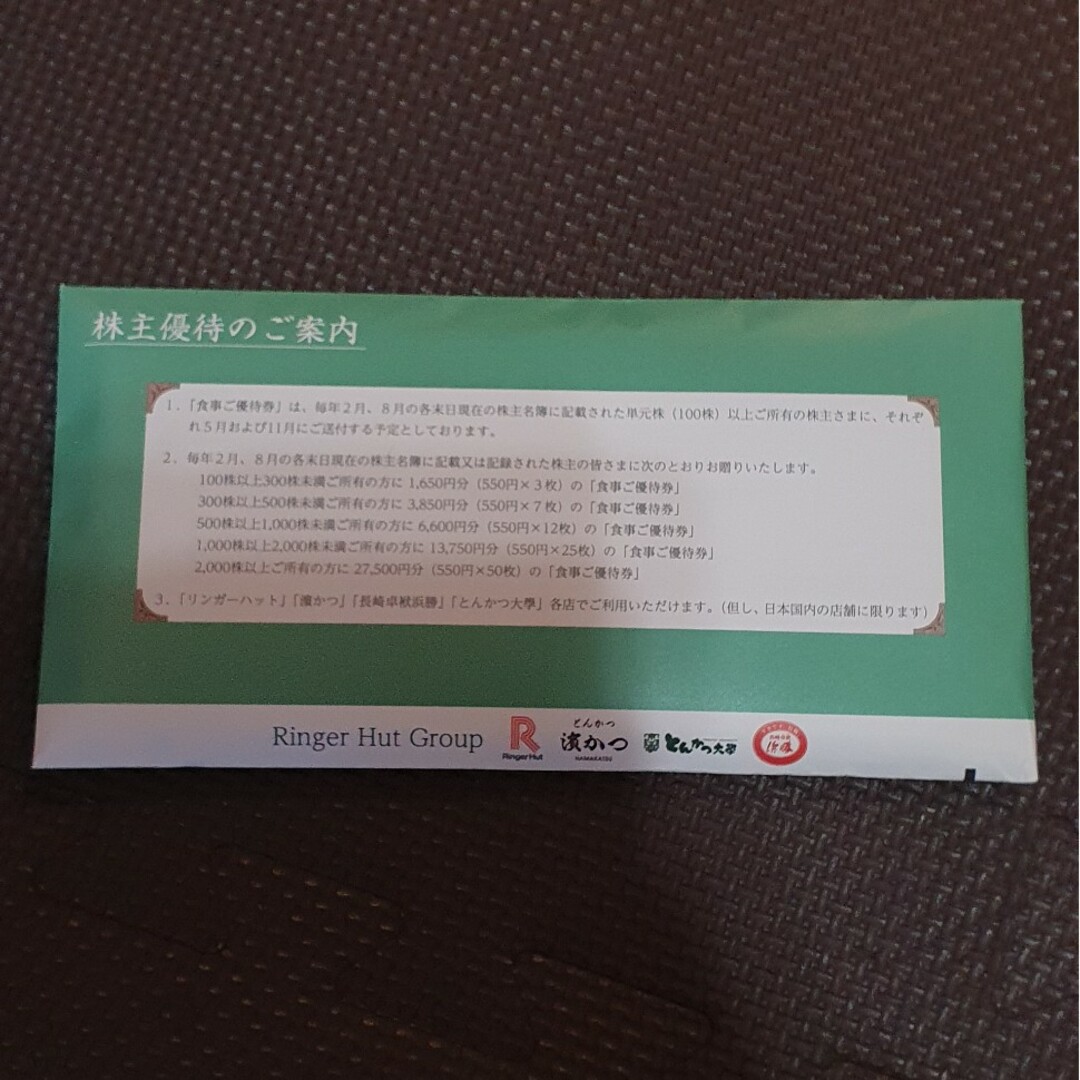 の取扱ショップ一覧 リンガーハット 株主優待券550円×50枚=27500円分