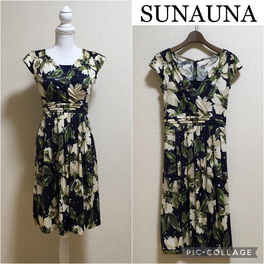 SunaUna(スーナウーナ)の【超美品】スーナウーナ。ボタニカル柄が素敵なワンピース 濃紺 レディースのワンピース(ひざ丈ワンピース)の商品写真