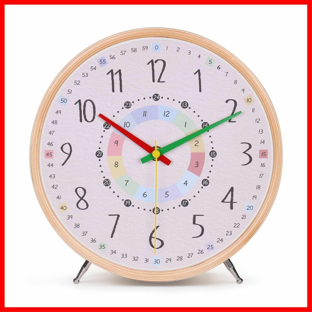 【色:木枠-クレヨン】知育時計 置き時計 子供 木製 24時間表示 補助数字付き