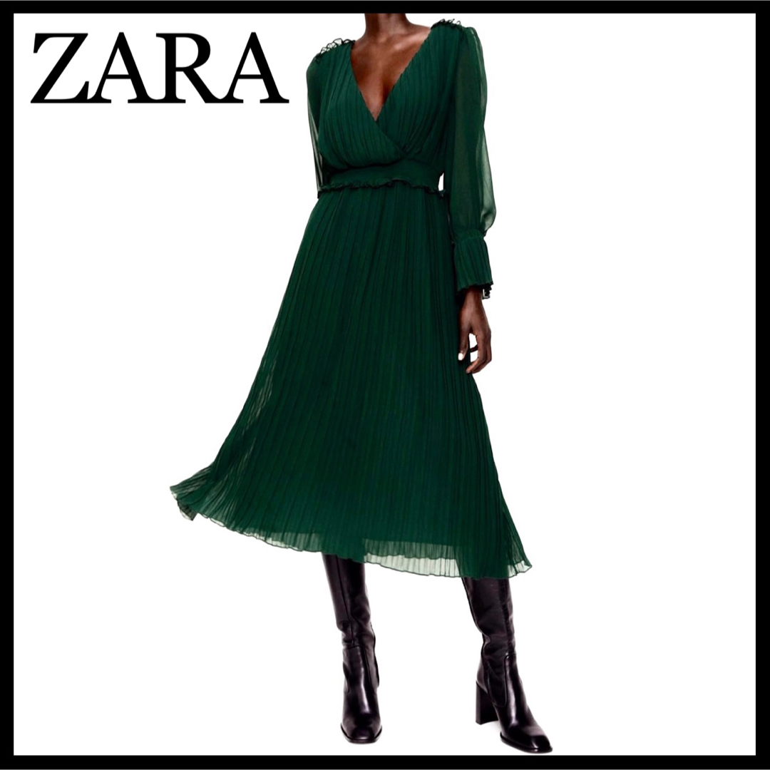 ZARA プリーツ ミディ丈 ワンピース グリーン シフォン レースオーガンジー | フリマアプリ ラクマ