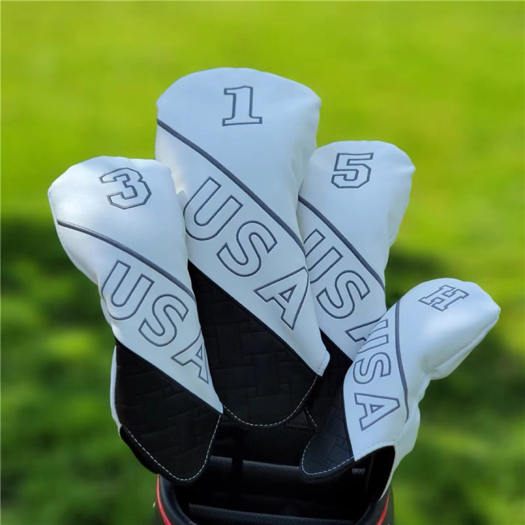 【新品4点セット】シンプル　USA ゴルフクラブカバー ヘッドカバー白色