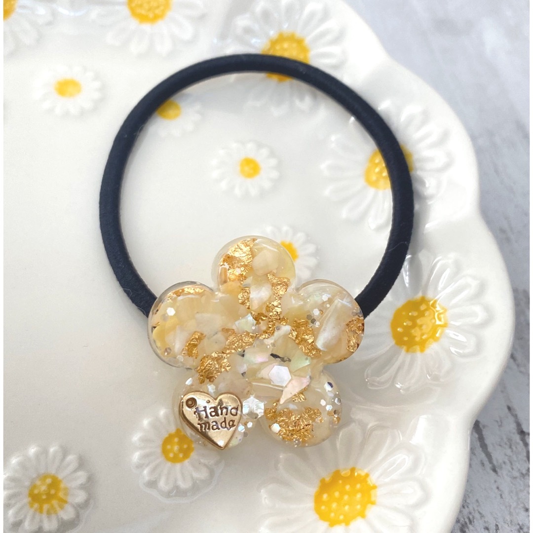 ハンドメイド レジン ヘアゴム 2点 フラワー シェル 金箔 銀箔 メタル