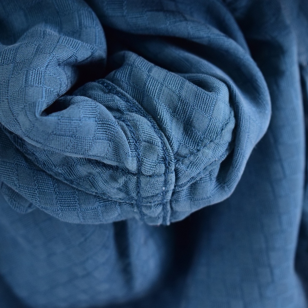 ブルー系青色柄ペリー・エリス PERRY ELLIS チェック柄 半袖 オープンカラー シルクシャツ メンズL /eaa343930