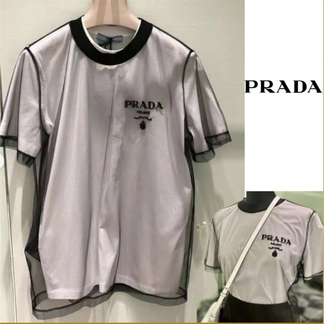 PRADA プラダ 刺繍入り チュールxジャージー Tシャツ 未使用