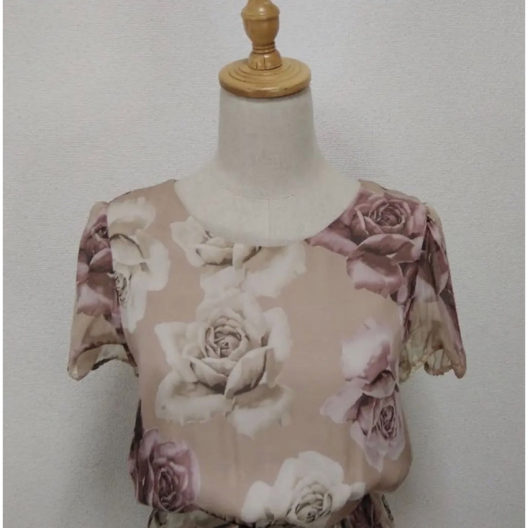 美品ブルーガールシルク100シフォン薔薇柄フリルワンピース38/ダスティピンク系