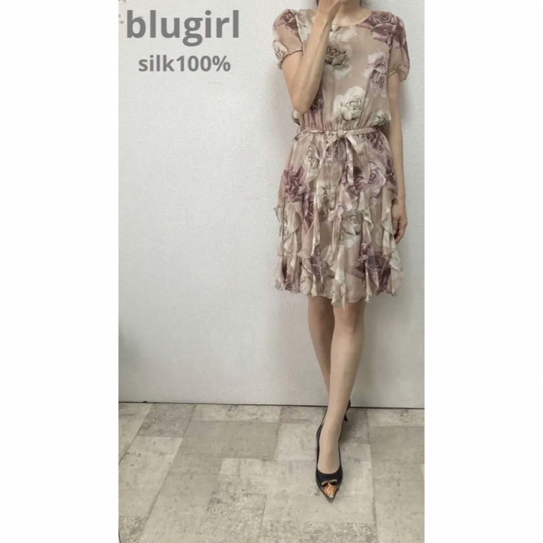 Blugirl - 美品ブルーガールシルク100シフォン薔薇柄フリルワンピース