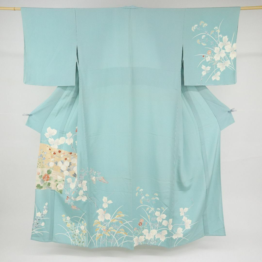 《長尺◆単衣■付下げ■金彩彩り秋の草花*梅菊桔梗■青緑色◆正絹着物◆SA5-1》