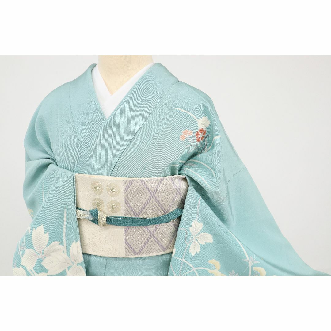 《長尺◆単衣■付下げ■金彩彩り秋の草花*梅菊桔梗■青緑色◆正絹着物◆SA5-1》