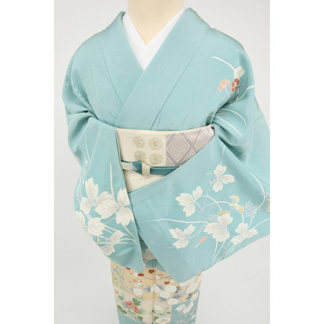 《長尺◆単衣■付下げ■金彩彩り秋の草花*梅菊桔梗■青緑色◆正絹着物◆SA5-1》