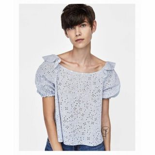 ザラ(ZARA)のZARA ストライプ柄カットワークトップス ザラ 半袖 ブラウス(シャツ/ブラウス(半袖/袖なし))