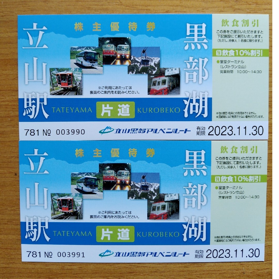 2枚:立山黒部貫光 株主優待券:立山黒部アルペンルート - 乗車券、交通券 2枚:立山黒部貫光 株主優待券:立山黒部アルペンルート - 乗車券、交通券