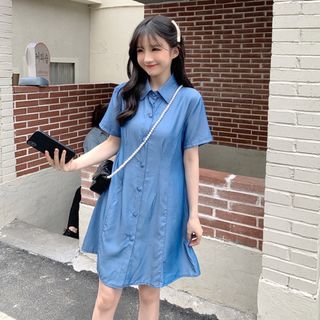 とろみシャツワンピース　ブルー　夏服　レディース(ミニワンピース)