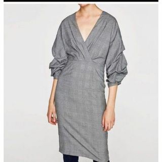 ザラ(ZARA)のZARAウーマン　ボリューム袖 グレンチェック ワンピース S (ひざ丈ワンピース)