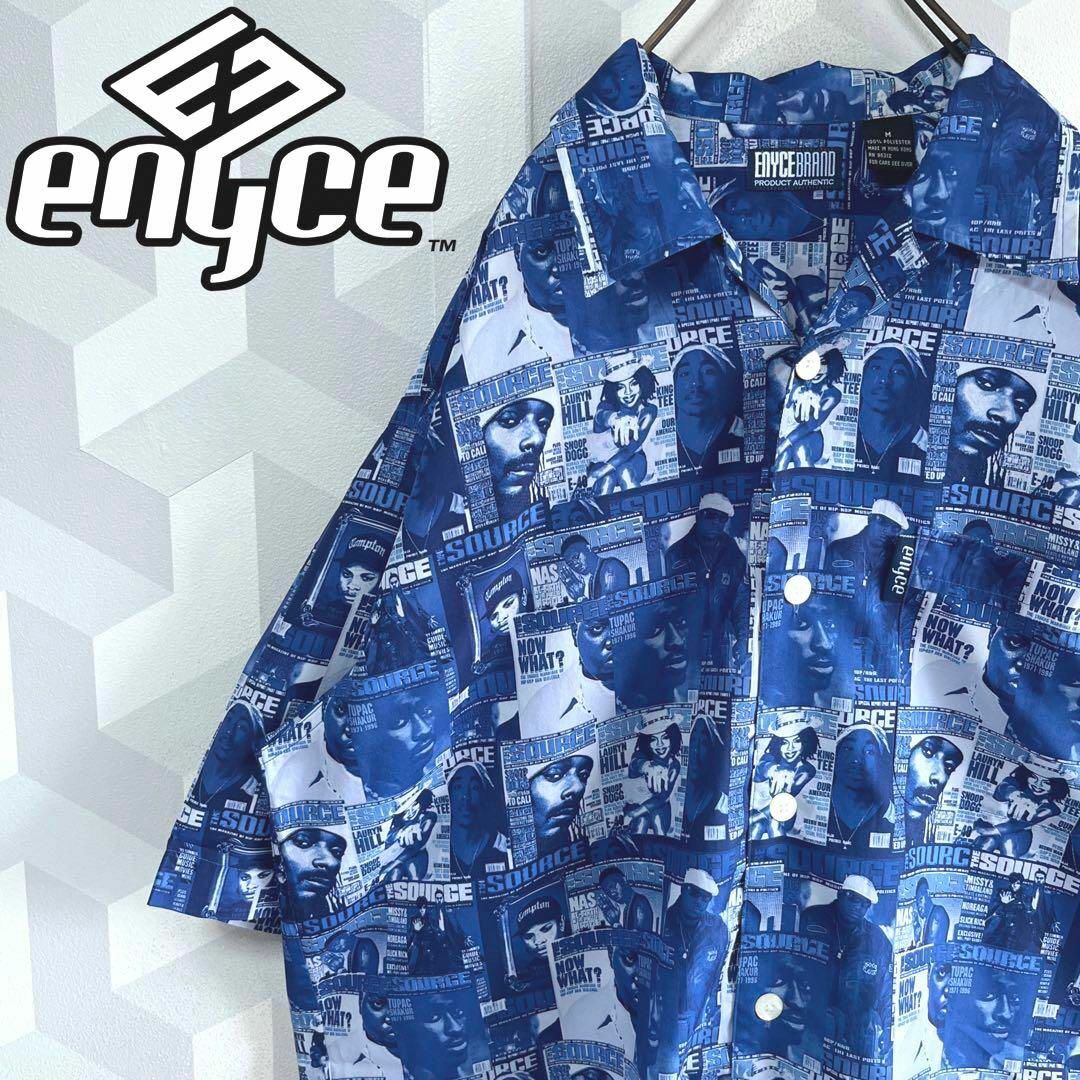 希少】90s B系ブランド ENYCE エニーチェ 総ヒップホップ柄 シャツ青-