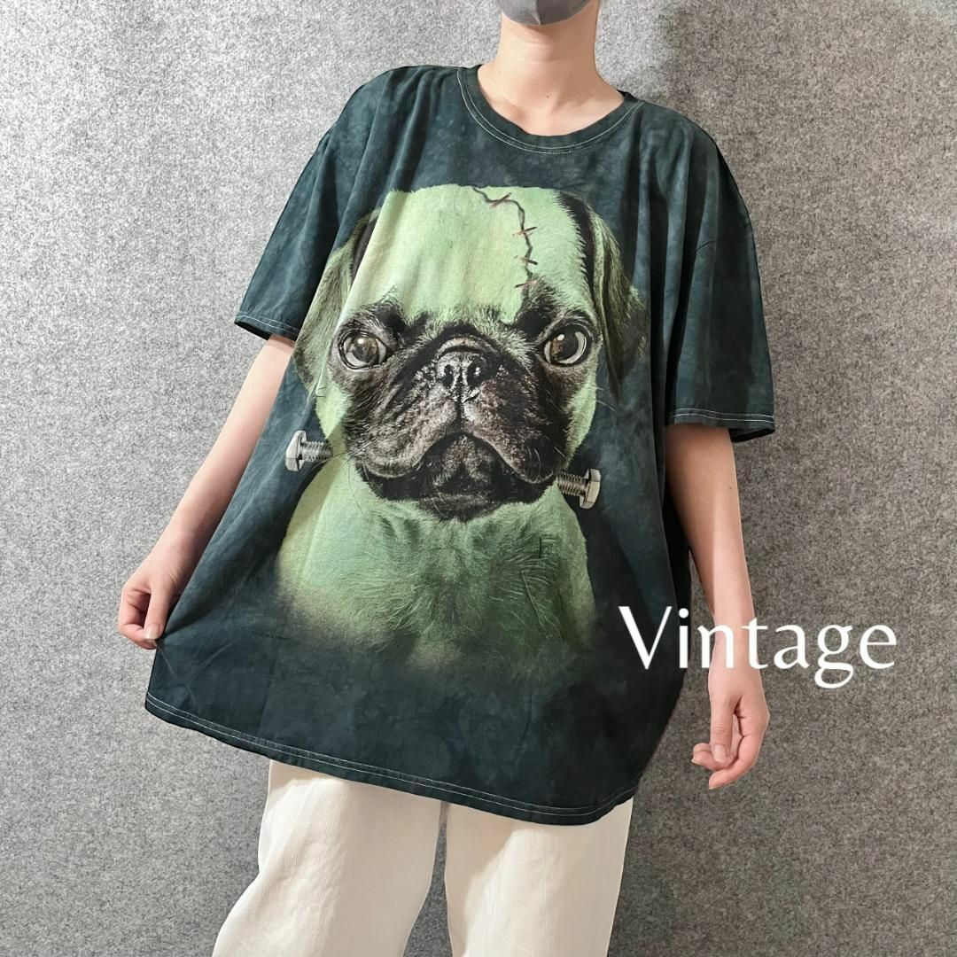 【vintage】ブルドッグ フランケン プリント ルーズ Tシャツ 緑 4L