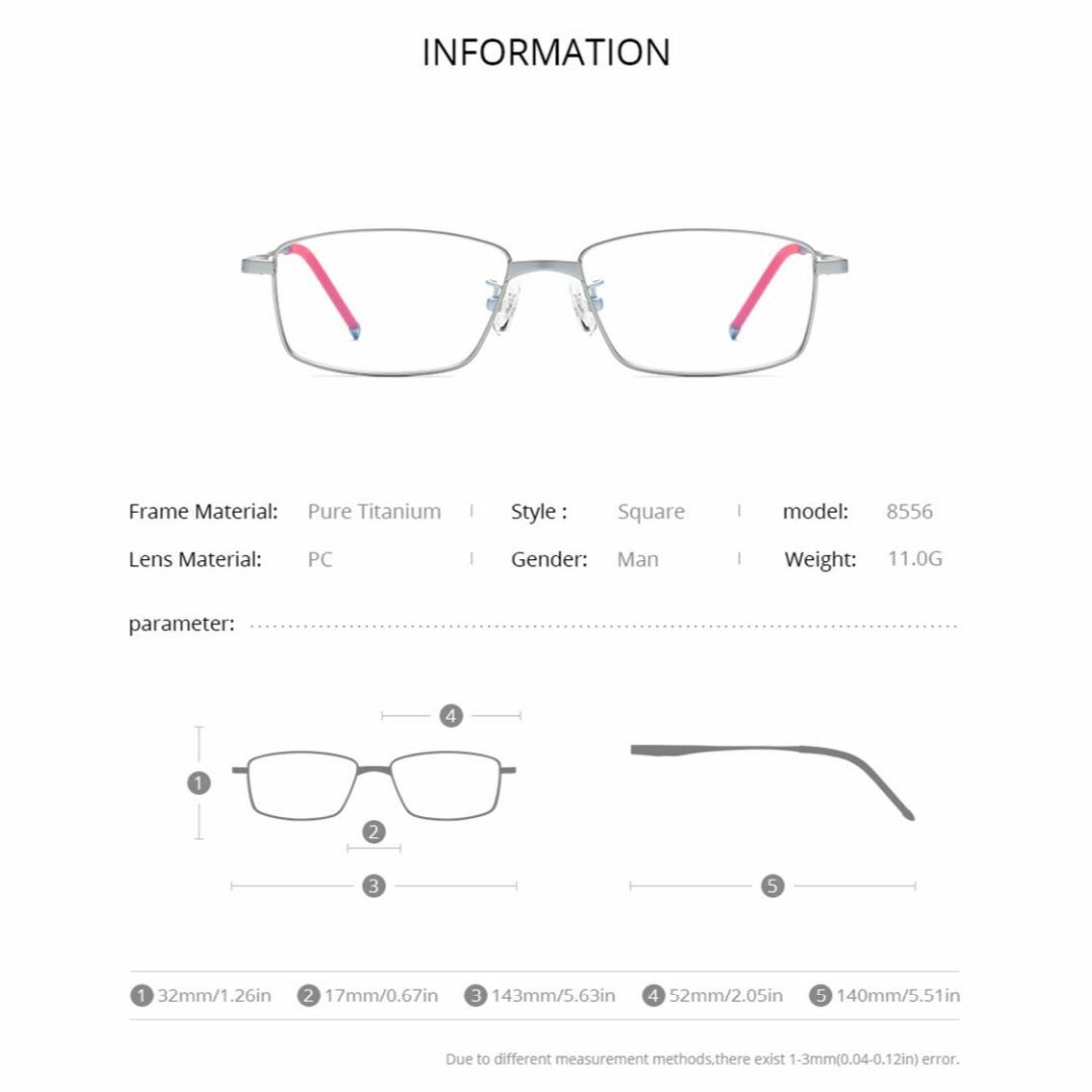 【色: シルバー】FONEX 男性用チタンフレーム、角型メガネ、近視メガネ 85 4