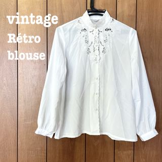 vintage ヴィンテージ レトロ リーフ柄刺繍レース襟ブラウス グレー系