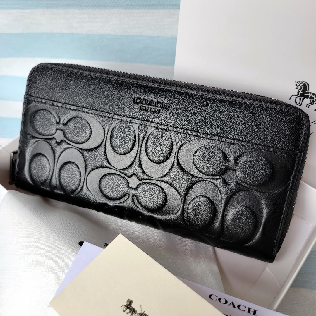 【新品未使用】COACH コーチ 長財布 シグネチャー エンボスドレザー黒父の日