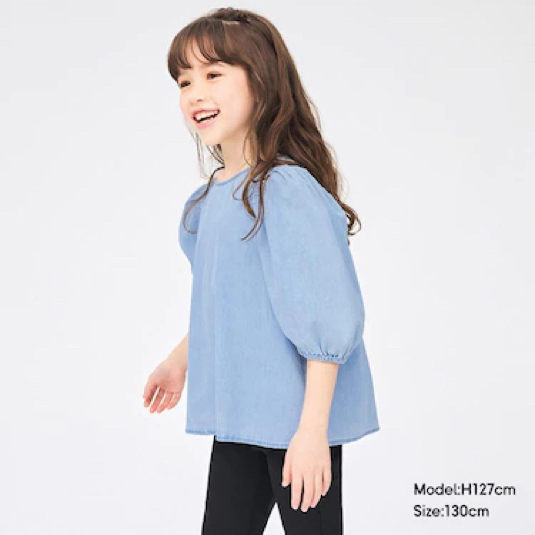 GU(ジーユー)の【新品】GU🎀デニムボリュームスリーブブラウス　半袖　Tシャツ キッズ/ベビー/マタニティのキッズ服女の子用(90cm~)(Tシャツ/カットソー)の商品写真