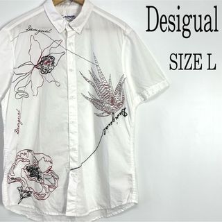 デシグアル(DESIGUAL)のDesigual デシグアル 半袖 刺繍 ボタンダウンシャツ ホワイト 白 L(シャツ)