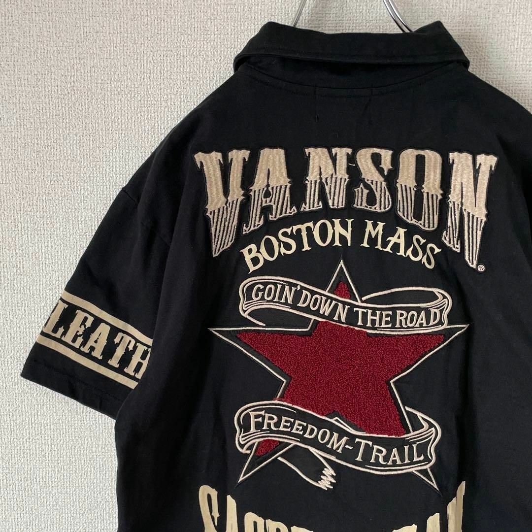 激安ブランド 【背面ビッグ刺繍ロゴ】VANSON半袖ポロシャツ黒ダブル