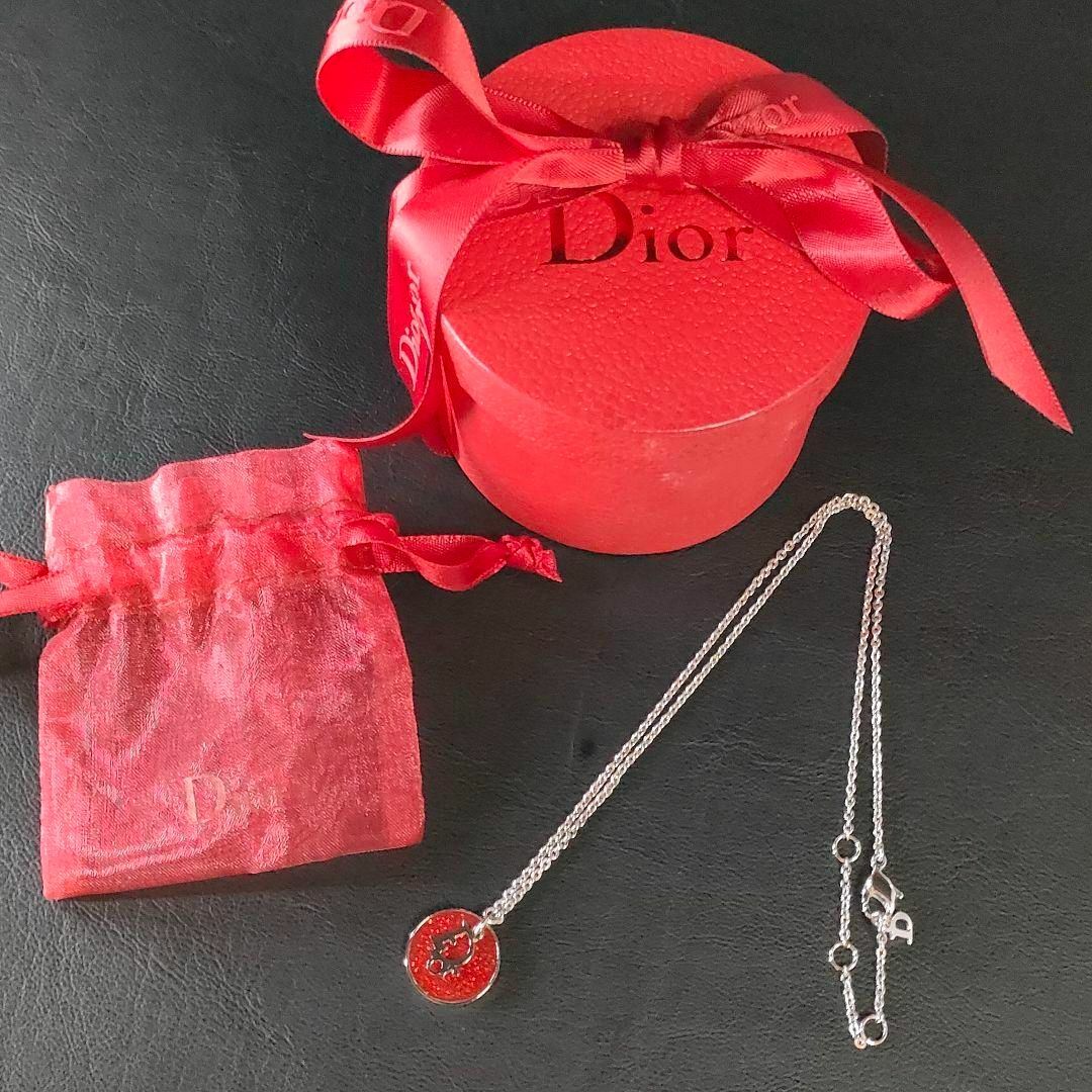 【極美品】Dior　ディオール　ネックレス　レッド　シルバー　ラウンド　ロゴ