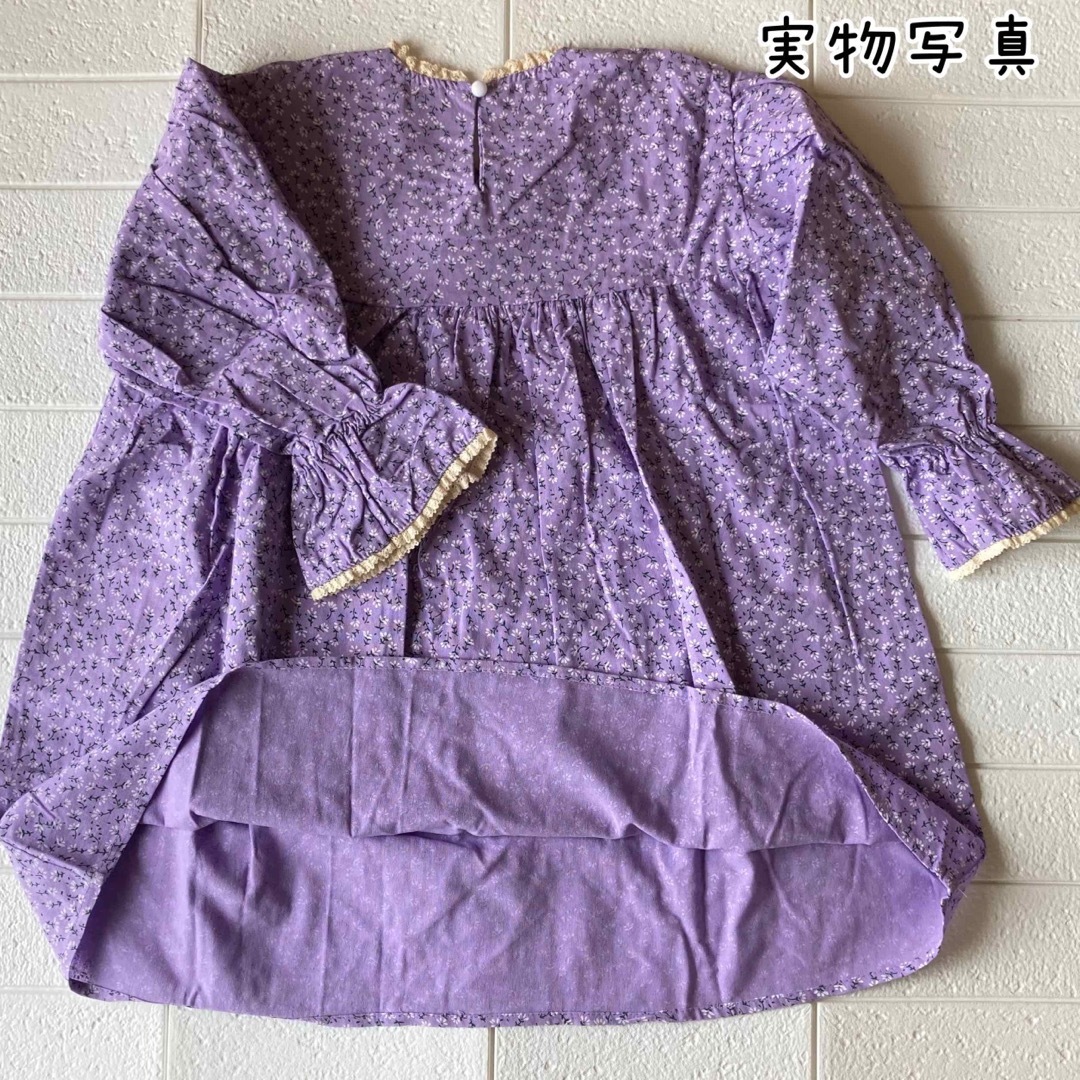 ⭐️【新商品】 100 パープル 花柄 ワンピース エプロン 2点セット 女の子 キッズ/ベビー/マタニティのキッズ服女の子用(90cm~)(ワンピース)の商品写真