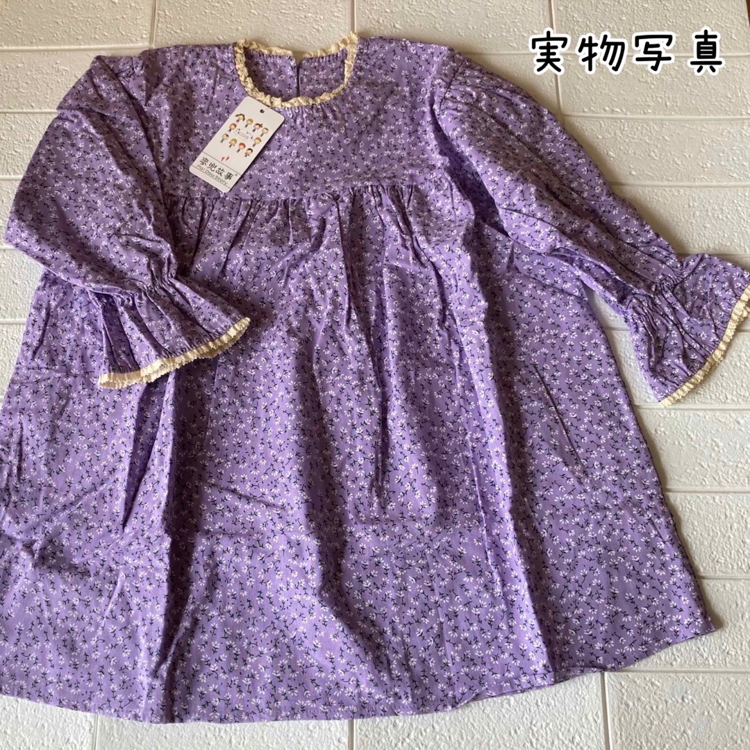 ⭐️【新商品】 100 パープル 花柄 ワンピース エプロン 2点セット 女の子 キッズ/ベビー/マタニティのキッズ服女の子用(90cm~)(ワンピース)の商品写真