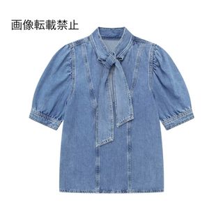 💍6月新作🦋11518◇デニム ボウタイ 半袖 ブラウス(シャツ/ブラウス(半袖/袖なし))