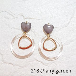 218♡グレーハート×大ぶりクリアーリング（2color）ピアス　イヤリング(ピアス)