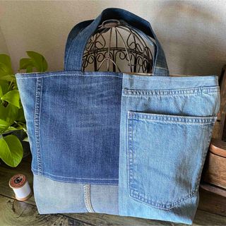 ハンドメイド デニムリメイクトートバッグ 刺し子 ねこ ヒッコリーの