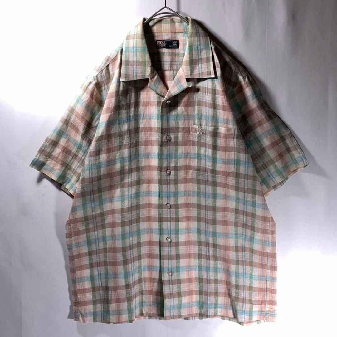 DAKS(ダックス)の90s 古着 DAKS オープンカラー リネン シャツ チェック柄 ベージュ M メンズのトップス(シャツ)の商品写真