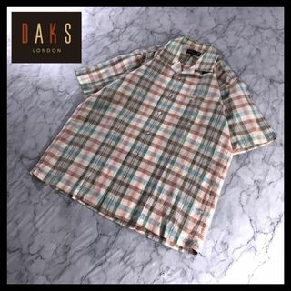 ダックス(DAKS)の90s 古着 DAKS オープンカラー リネン シャツ チェック柄 ベージュ M(シャツ)