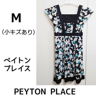 ペイトンプレイス(Peyton Place)の【小キズ有】花柄ワンピース 白黒水色　ペイトンプレイス　Mサイズ(ミニワンピース)