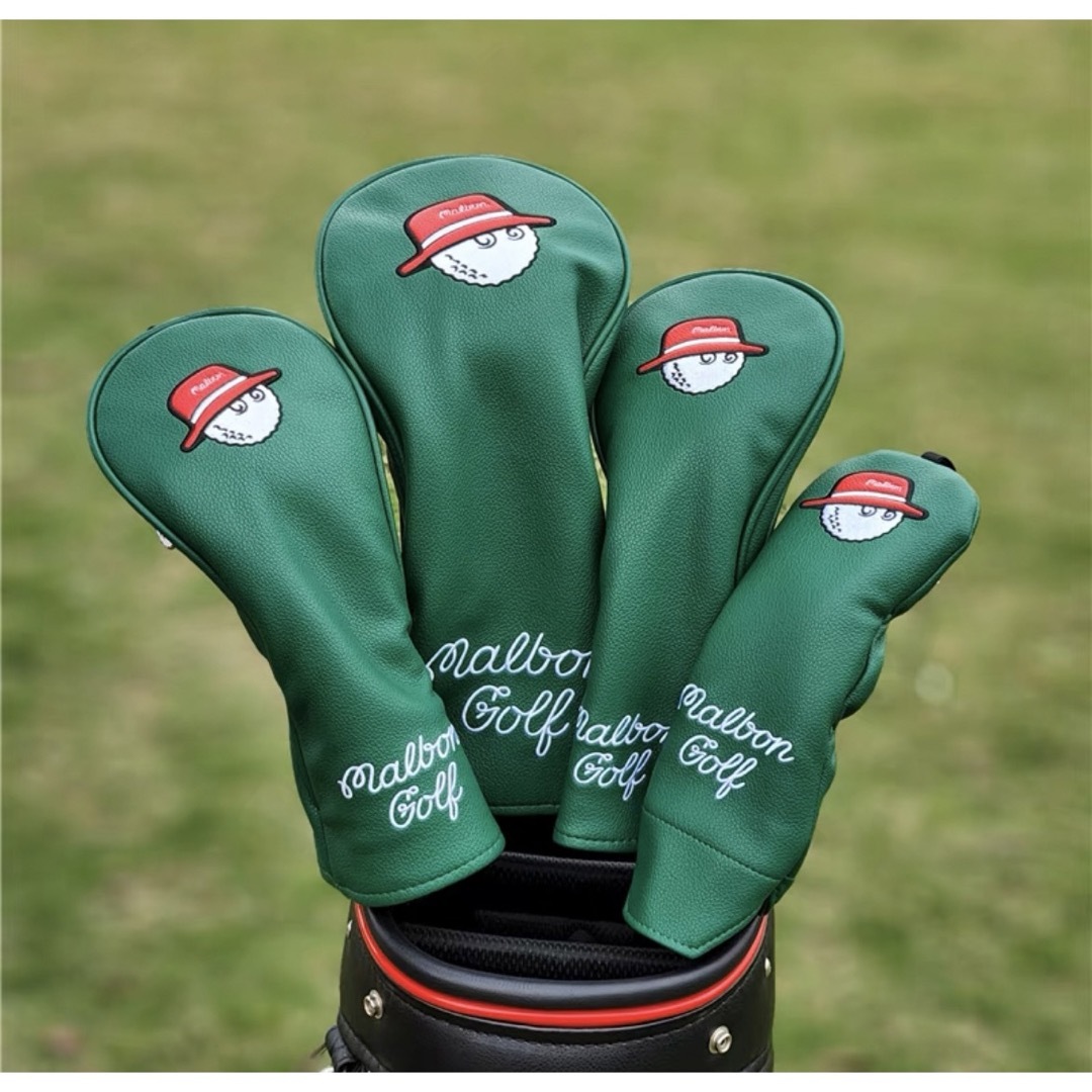 【大人気値下げ新品4点セット】Malbon Golfマルボンゴルフカバー緑赤帽子フェアウェイウッド用