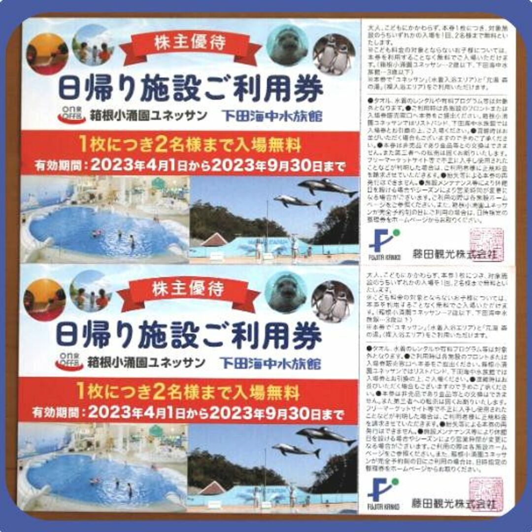 2枚) 藤田観光 株主優待 日帰り施設ご利用券 箱根小涌園ユネッサン 最新です