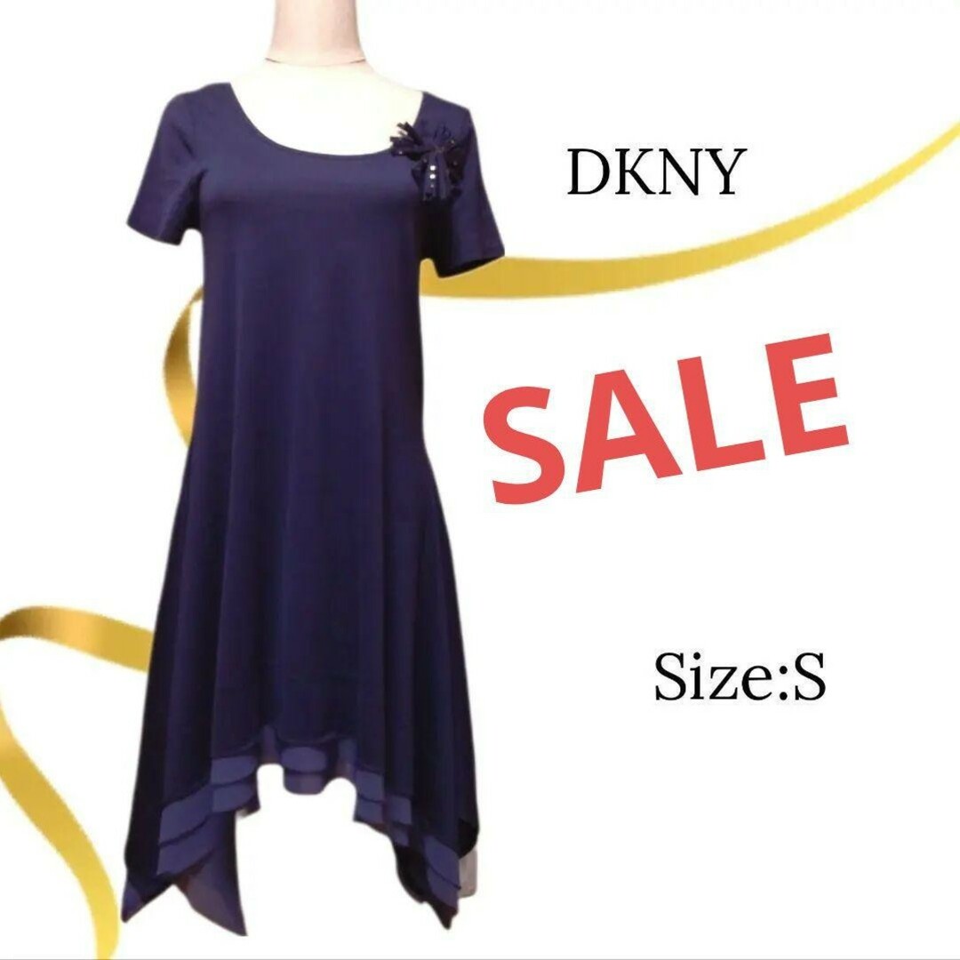 DKNY(ダナキャランニューヨーク)の★美品★DKNY アシンメトリーワンピース　ネイビー　ジャージー レディースのワンピース(ひざ丈ワンピース)の商品写真