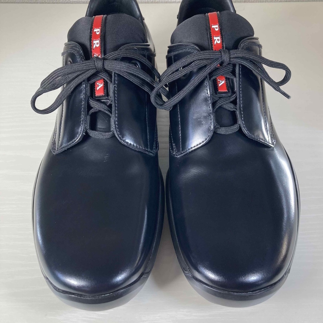 未使用箱付 PRADA プラダ レザースニーカー 黒 本革 ロゴ 91/ 正規品