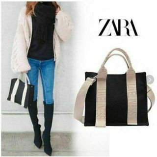 ザラ(ZARA)のZARA ロゴ ストラップ キャンバス ショルダー 黒 ブラック(トートバッグ)