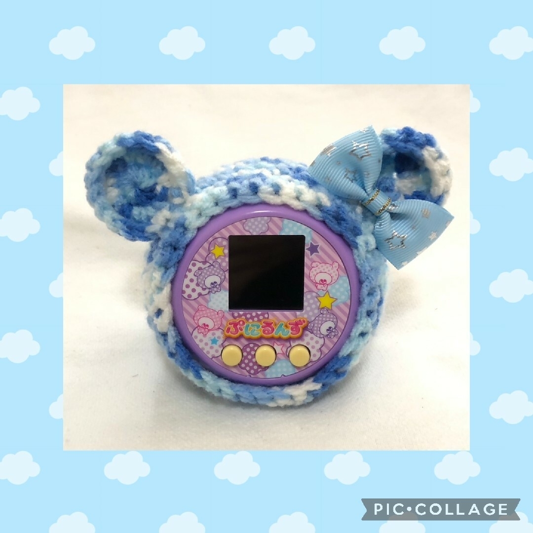 ぷにるんずカバー♡ブルーくま♡箔押し水色リボン♡ストラップ穴あり ハンドメイドのぬいぐるみ/人形(あみぐるみ)の商品写真