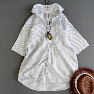 ネストローブ(nest Robe)のネストローブ リネンシャツ 麻100% ストライプ チュニック丈 紺 白 ab5(シャツ/ブラウス(半袖/袖なし))