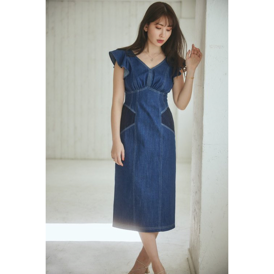 indigoherlipto Ruffled Shoulder DenimMidiDress - ロングワンピース