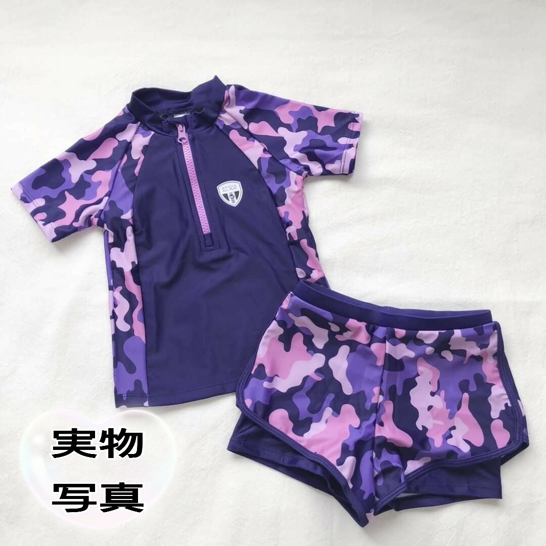 新品 ラッシュガード 水着 パープル 迷彩 半袖 120 セット 女の子プールa キッズ/ベビー/マタニティのキッズ服女の子用(90cm~)(水着)の商品写真