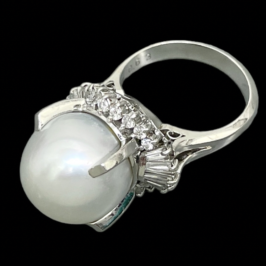 Pt900 白蝶真珠  13.4mm  ダイヤ0.63ct  10号 レディースのアクセサリー(リング(指輪))の商品写真