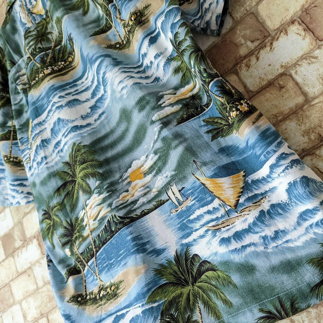 【気分は南国♪】 ALOHA REPUBLIC ヤシの木×波柄 アロハシャツ